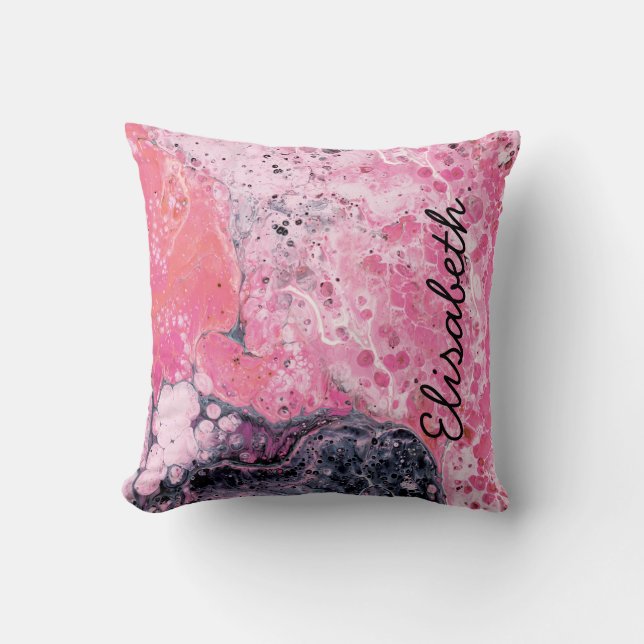 Abstract Art With Acrylic Paint Pour | Pink Black Throw Pillow (Front)