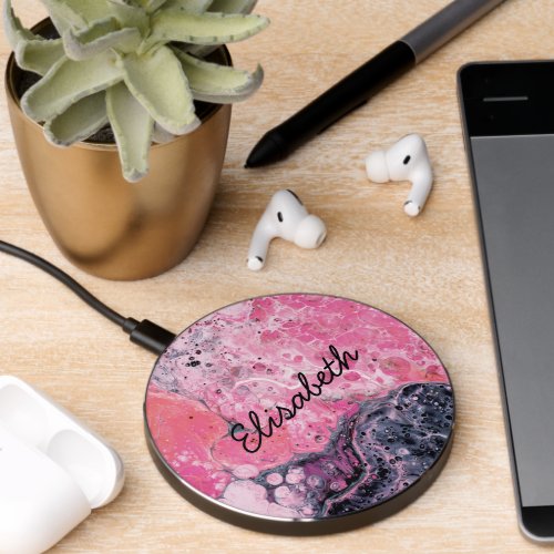 Abstract Art With Acrylic Paint Pour Pink Black Wireless Charger