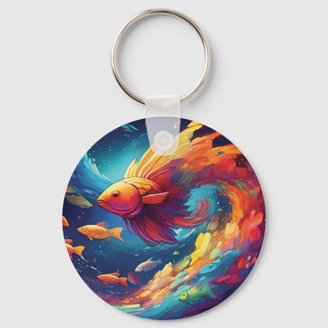 Abstract art with fish in space keychain (Front)