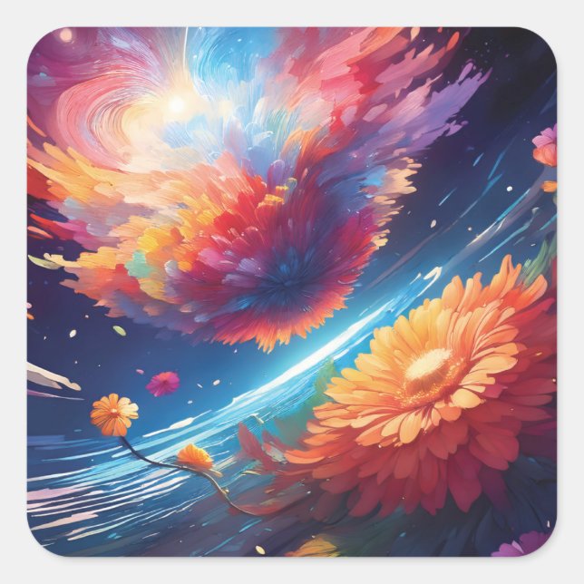 Abstract art with flowers in space square sticker (Front)