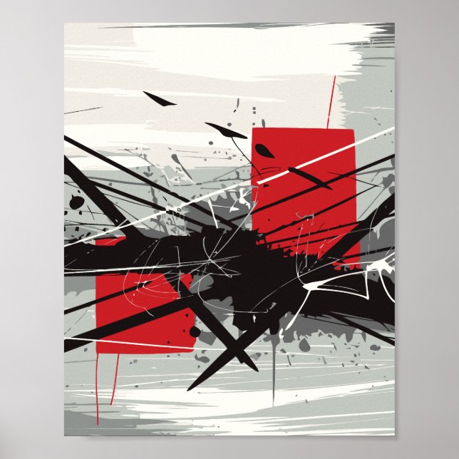 Abstract Art with Red Blocks & Black Strokes Poster (Front)