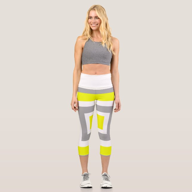 Abstract Art Yellow Grey White Capri Leggings (Front)