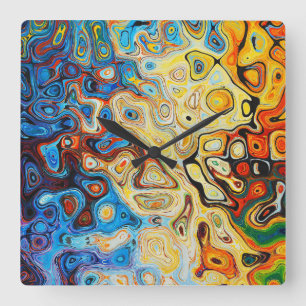Abstract Art Yellow Orange Blue Swirls Square Wall Clock