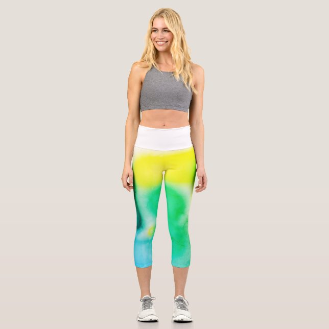 Abstract Art Yellow Turquoise Capri Leggings (Front)