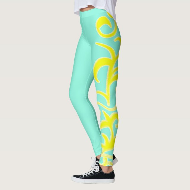 Abstract Art Yellow Turquoise Hand Drawing Leggings (Left)