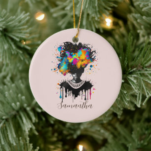 Abstract Artist Afro Woman Black and White Ceramic Ornament