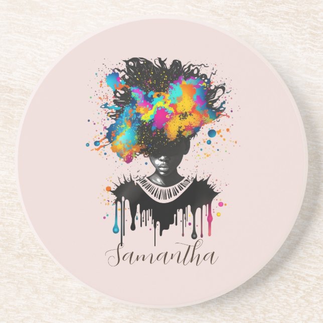 Abstract Artist Afro Woman | Black and White Coaster (Front)
