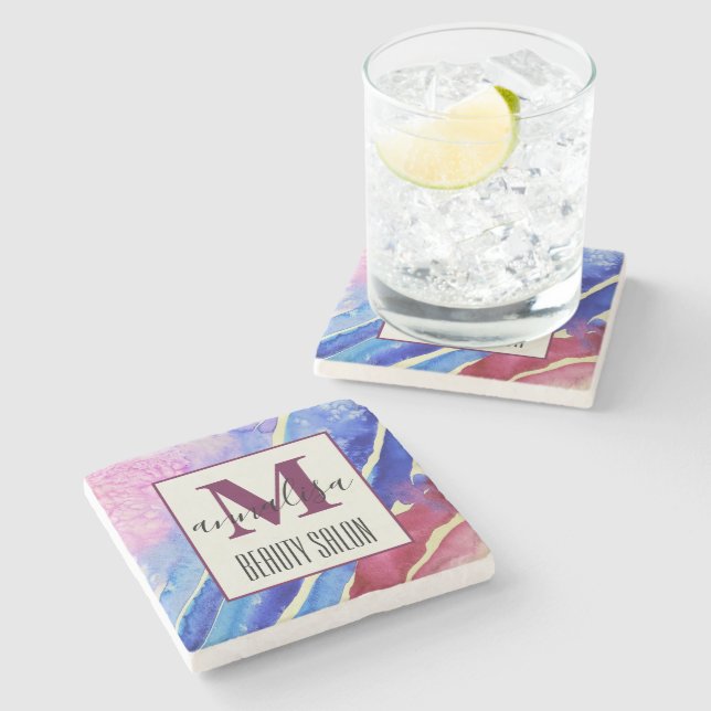 Abstract Artistic Blue Pink Beauty Salon Monogram  Stone Coaster (Side)