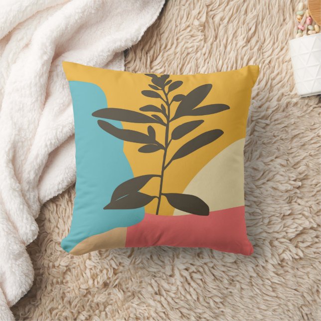  Abstract Artistic Foliage Silhouette Color Blocks Throw Pillow (Blanket)
