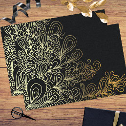 Abstract Artistic Gold Line Art Doodles on Black Tissue Paper