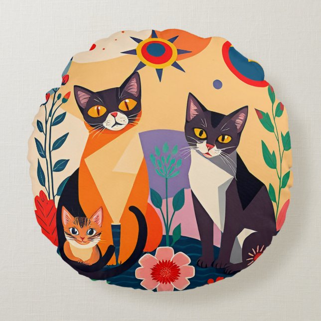 Abstract Artistic Representation of Cats Round Pillow (Front)