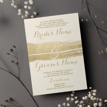 Abstract Artsy Ivory Gold Brushstrokes Wedding Invitation by kicksdesign at Zazzle