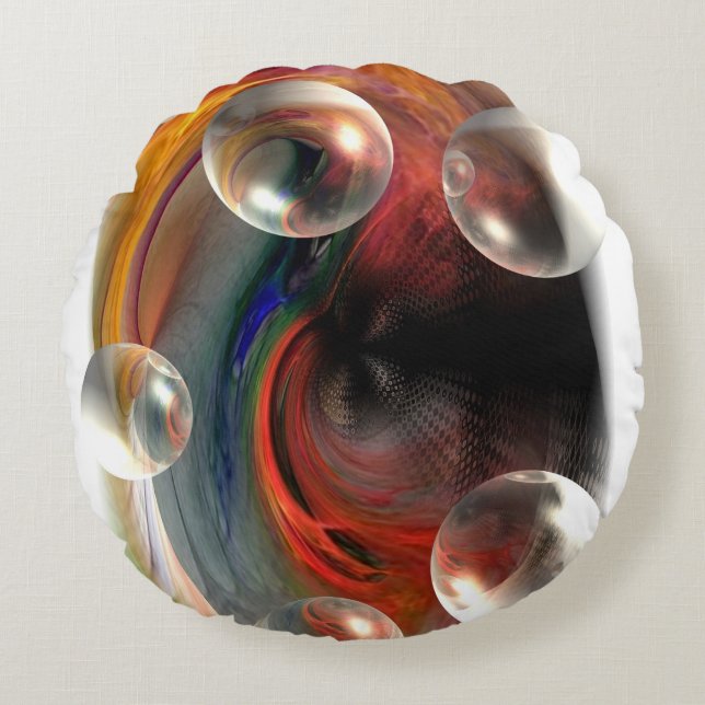 abstract artwork red yellow blue green round pillow (Front)