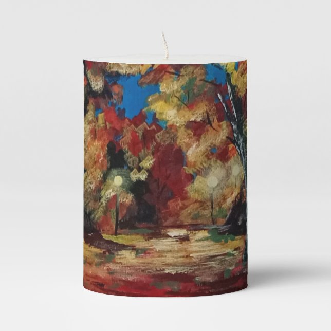 Abstract Autumn Fall Art Pillar Candle (Front)
