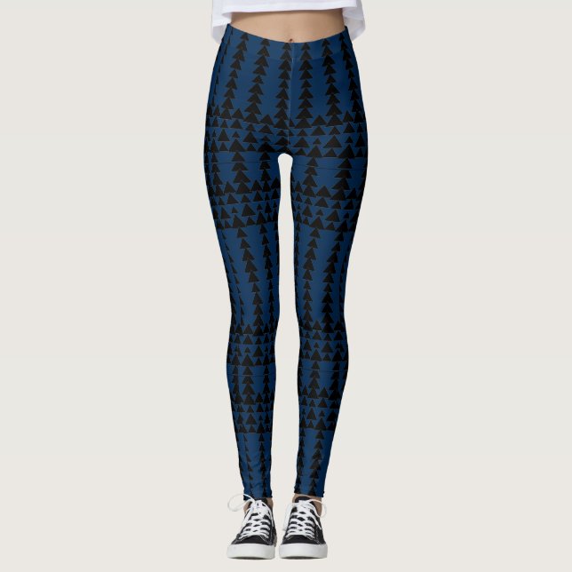 Abstract Aztec Geometric Blue and Black Pattern Leggings (Front)