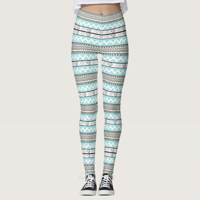 Abstract Aztec Mint Green Aqua Gray Pattern Leggings (Front)