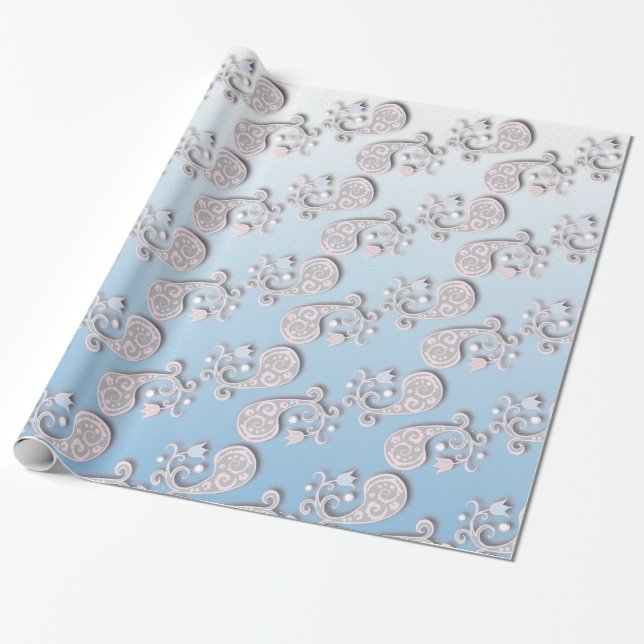 Abstract Baby blue and Pink Pastel Floral Wrapping Paper (Unrolled)