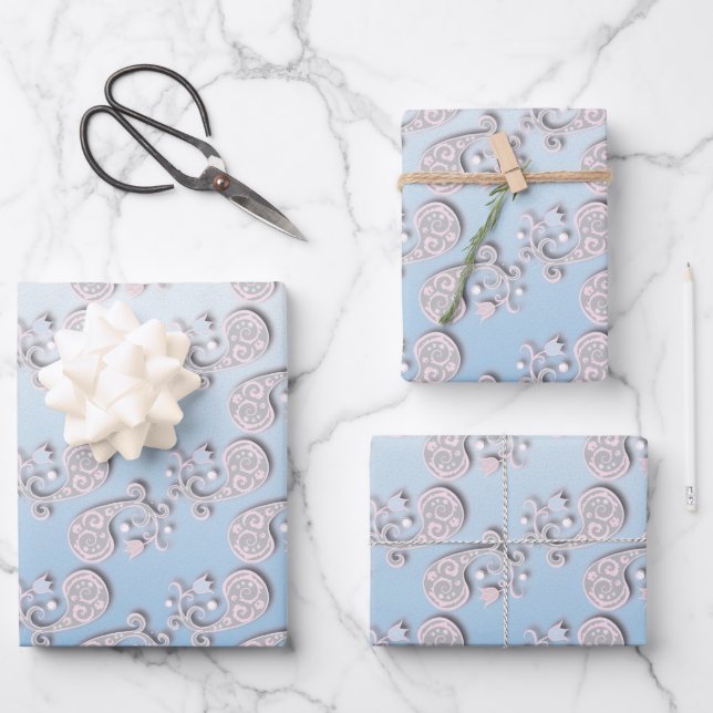 Abstract Baby blue and Pink Pastel Floral Wrapping Paper Sheets (Front)