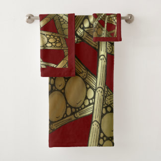 Abstract Bamboo & Bubbles Maroon Black & Gold Bath Towel Set