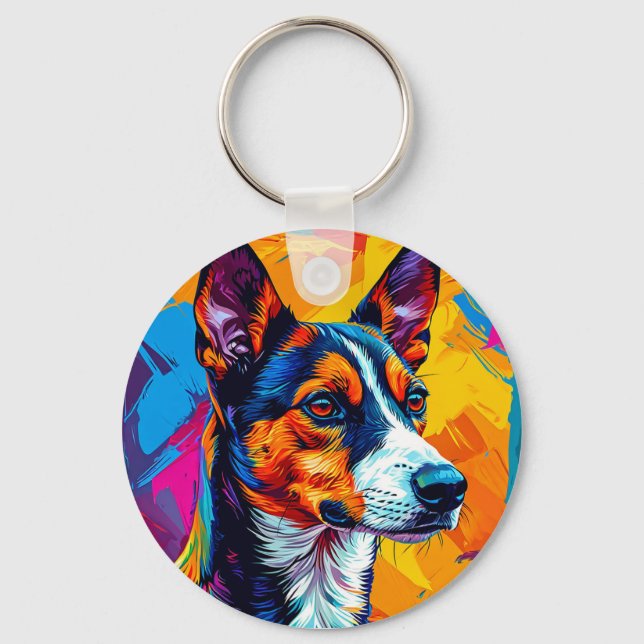Abstract Basenji Dog Portrait Keychain (Front)