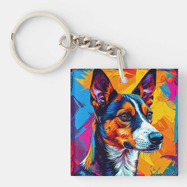 Abstract Basenji Dog Portrait Keychain (Front)