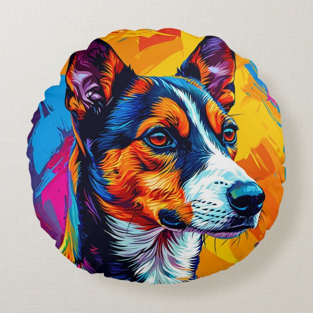 Abstract Basenji Dog Portrait Round Pillow (Front)