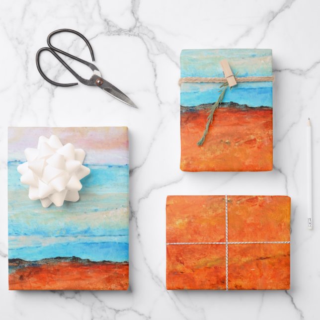Abstract Beach Orange Blue Art Wrapping Paper Sheets (Front)