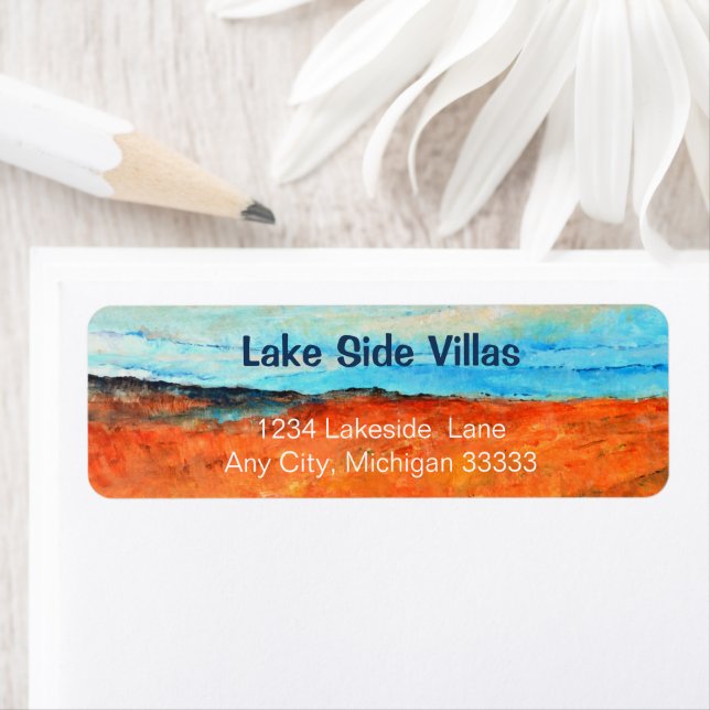 Abstract Beach Painting Blue Orange Personalize Label (Insitu)
