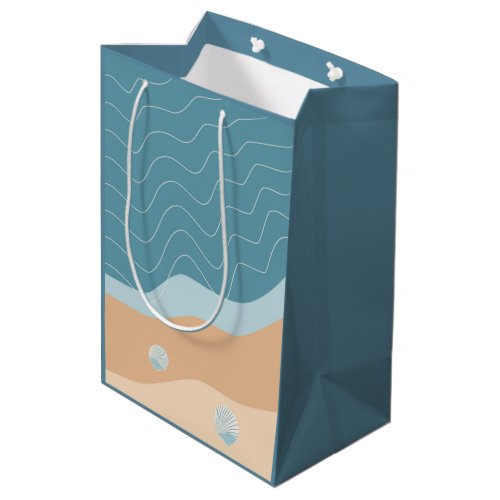 Abstract Beach Pattern Wave Lines Blue Sand Shells Medium Gift Bag
