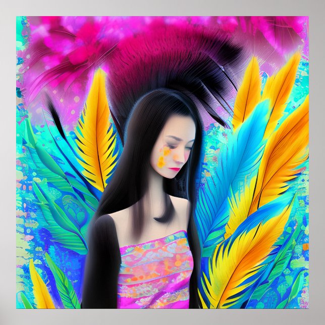 Abstract Beautiful but Sad Asian Girl Colorful AI Poster (Front)