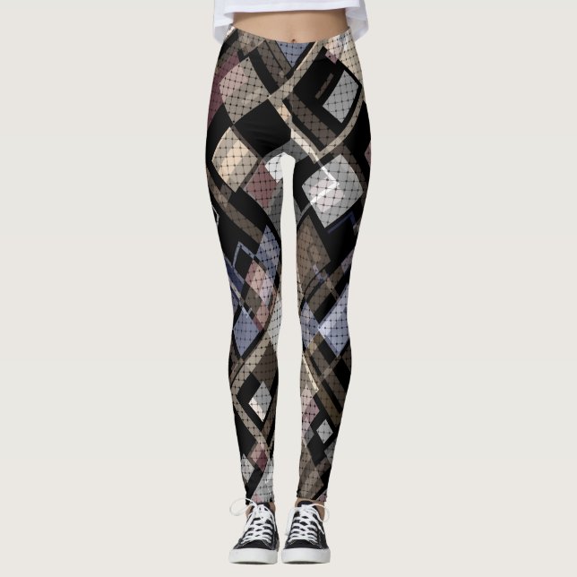 Abstract, beige, black, plaid leggings (Front)