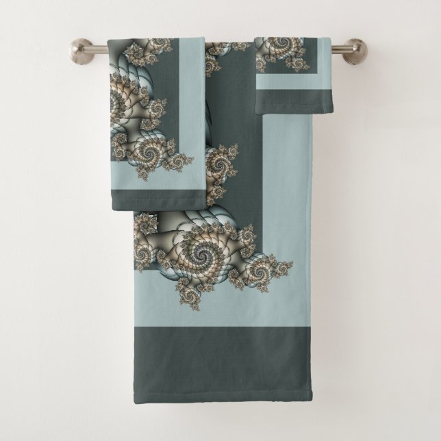 Abstract Beige Light Blue Fractal Art Spirals Bath Towel Set (Insitu)