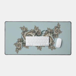 Abstract Beige Light Blue Fractal Art Spirals Desk Mat