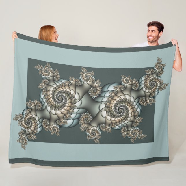 Abstract Beige Light Blue Fractal Art Spirals Fleece Blanket (In Situ)