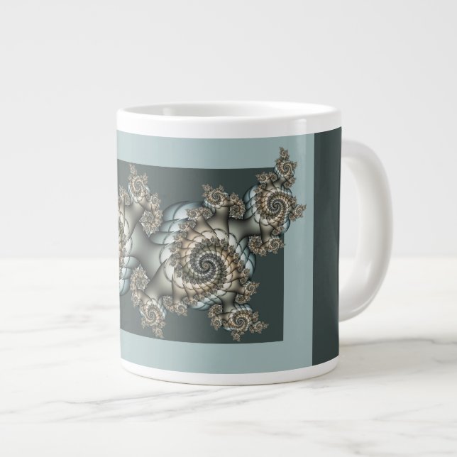 Abstract Beige Light Blue Fractal Art Spirals Giant Coffee Mug (Front Right)