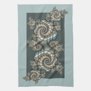 Abstract Beige Light Blue Fractal Art Spirals Kitchen Towel