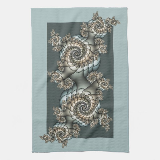 Abstract Beige Light Blue Fractal Art Spirals Kitchen Towel (Vertical)