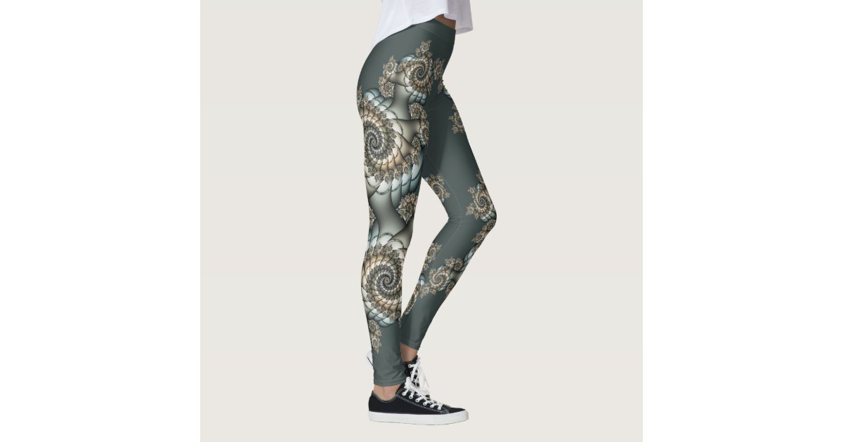 Abstract Beige Light Blue Fractal Art Spirals Leggings