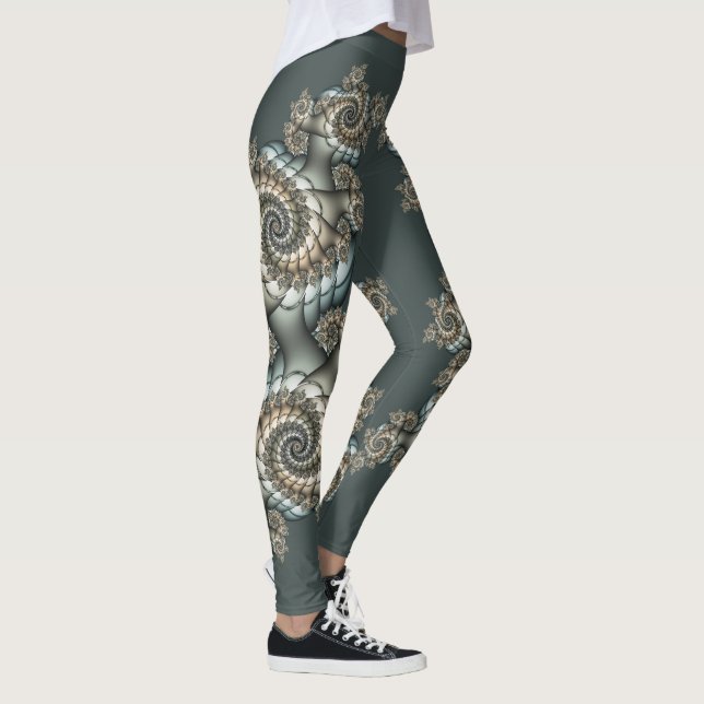Abstract Beige Light Blue Fractal Art Spirals Leggings (Right)