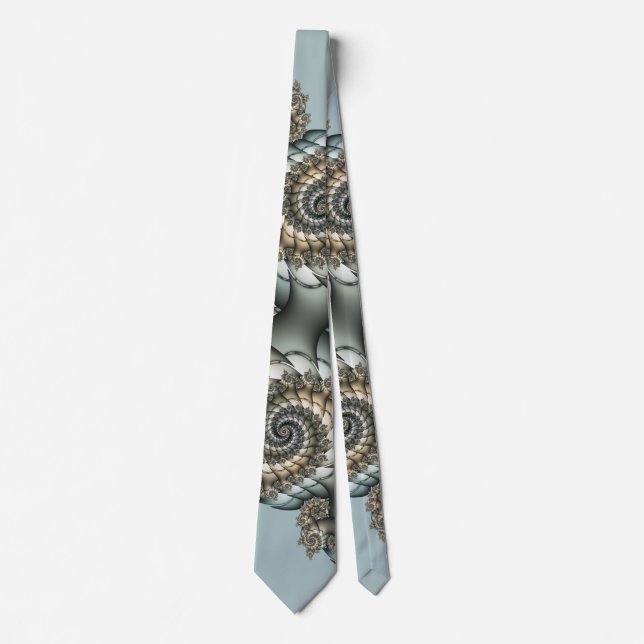 Abstract Beige Light Blue Fractal Art Spirals Neck Tie (Front)