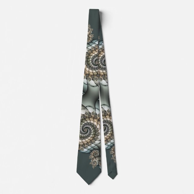 Abstract Beige Light Blue Fractal Art Spirals Neck Tie (Front)