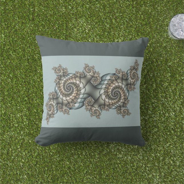 Abstract Beige Light Blue Fractal Art Spirals Outdoor Pillow (Grass)