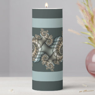 Abstract Beige Light Blue Fractal Art Spirals Pillar Candle