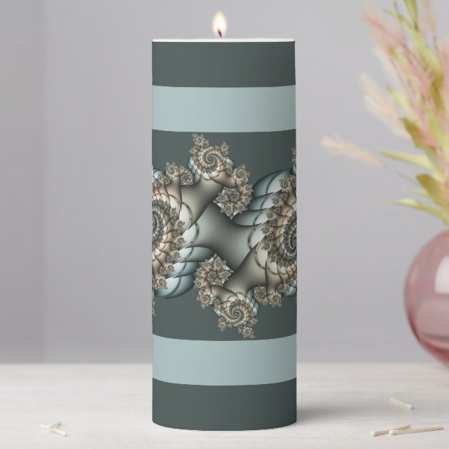 Abstract Beige Light Blue Fractal Art Spirals Pillar Candle (In Situ)