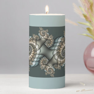 Abstract Beige Light Blue Fractal Art Spirals Pillar Candle