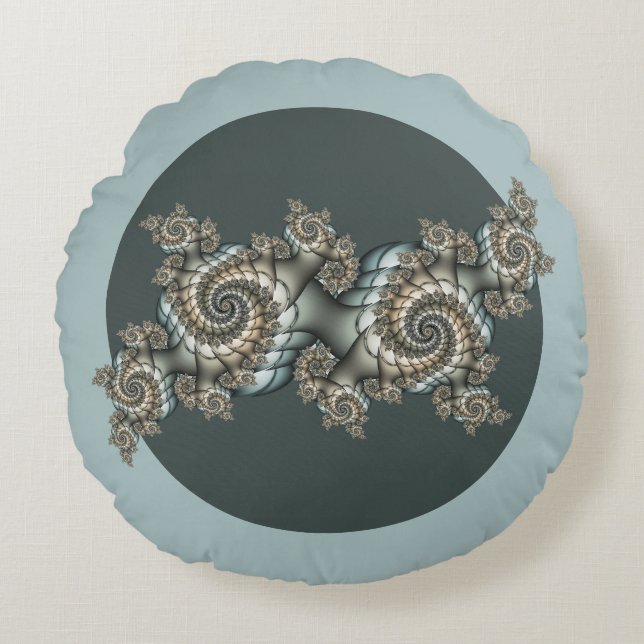 Abstract Beige Light Blue Fractal Art Spirals Round Pillow (Front)