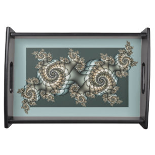 Abstract Beige Light Blue Fractal Art Spirals Serving Tray