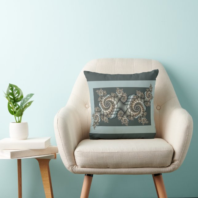 Abstract Beige Light Blue Fractal Art Spirals Throw Pillow (Chair)