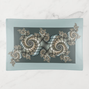 Abstract Beige Light Blue Fractal Art Spirals Trinket Tray