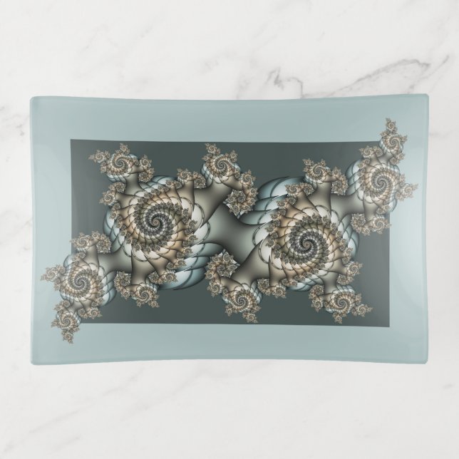 Abstract Beige Light Blue Fractal Art Spirals Trinket Tray (Front)